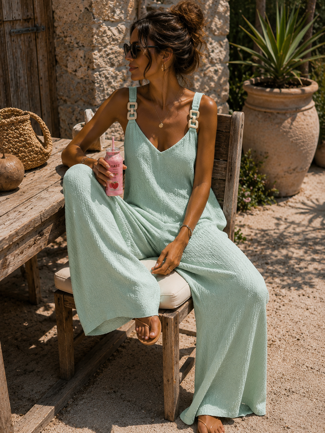 Combi-pantalon fluide à bretelles fantaisie