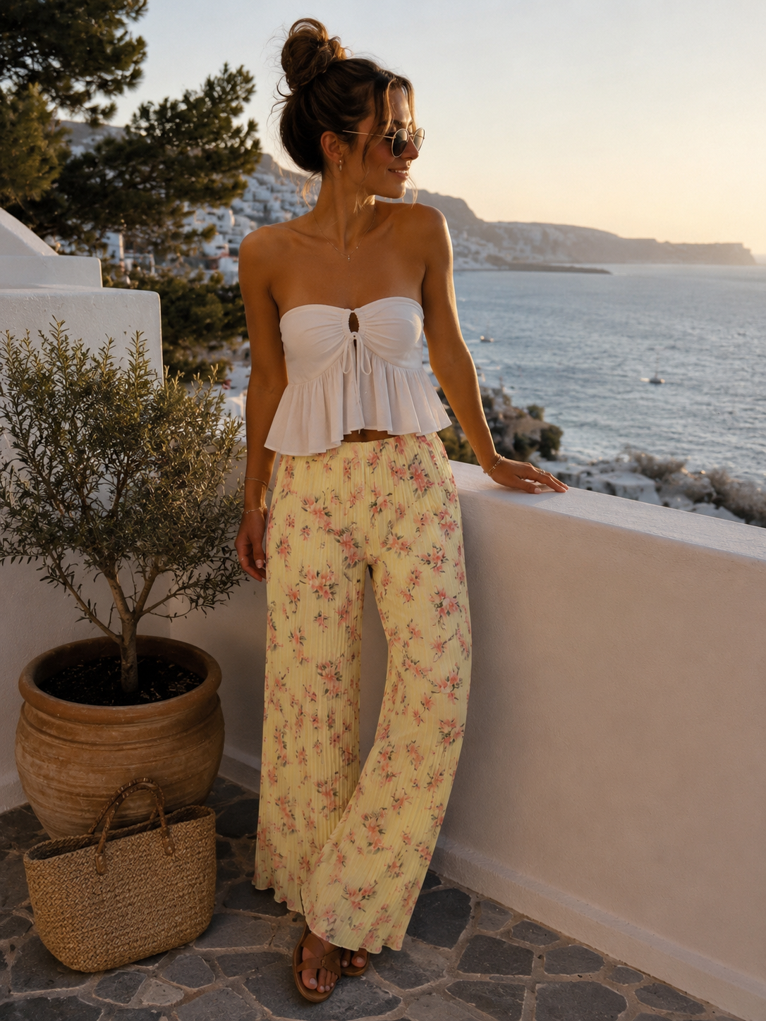 Pantalon fluide plissé à imprimé fleuri – Taille unique
