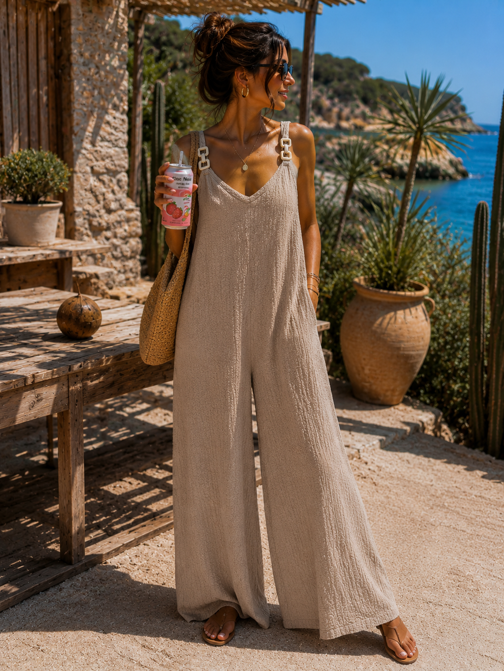 Combi-pantalon fluide à bretelles fantaisie