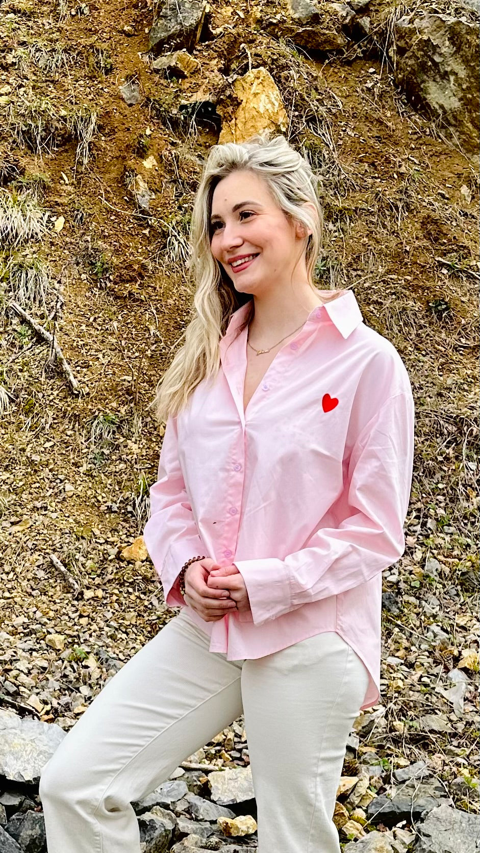 Chemise femme rose coton motif cœur – Boutique RENA Belgique